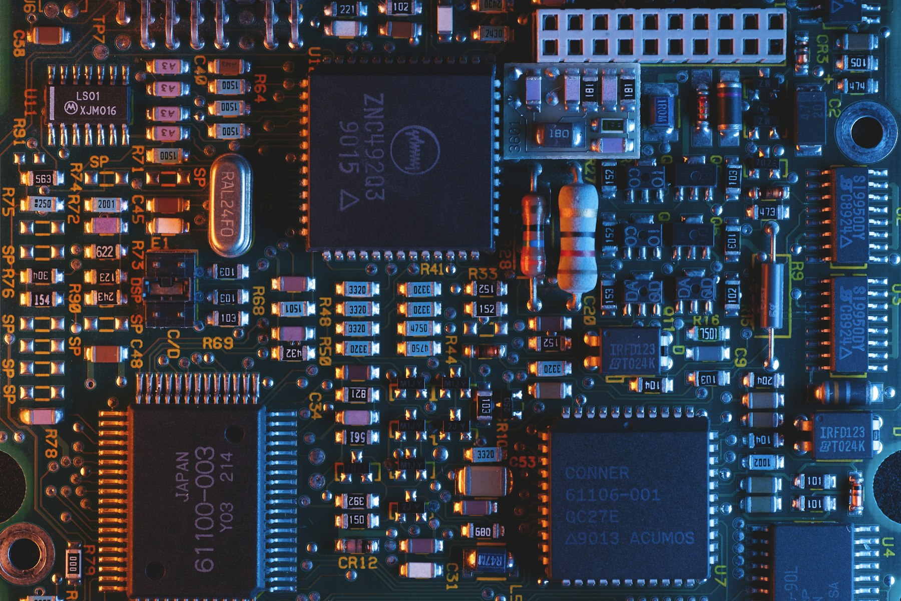 Close up of a blue circuit board